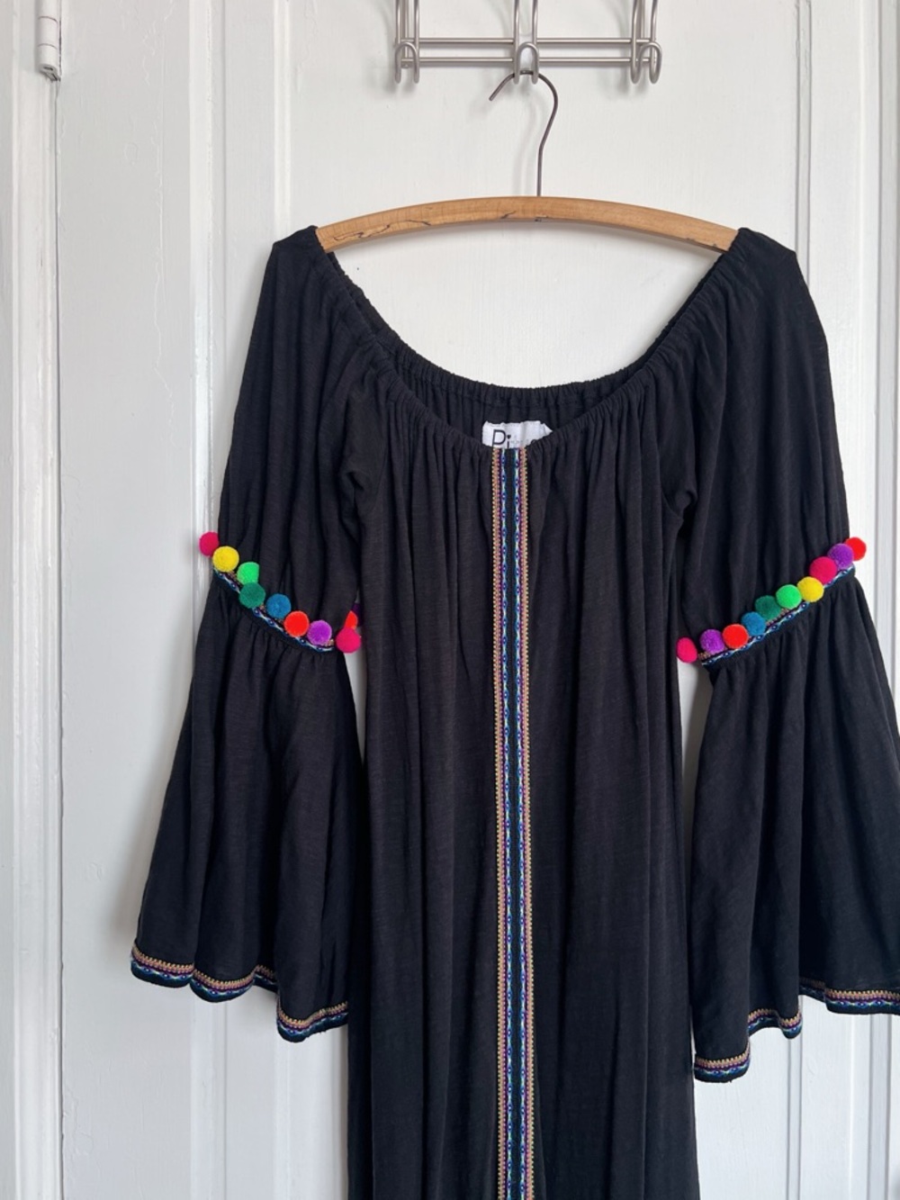pitusa • Gypsy Dress black maxi kaftan cover up pom pom embroidered off shoulder - Picture 3 of 8